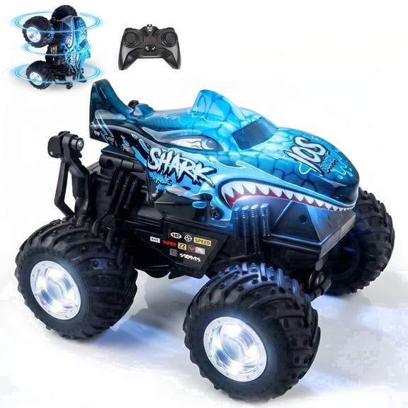 YCFUN RC Cars for Kids, RC Monster Trucks Toys with LED Car Shell & Wheels, 360° Spins and Music, Shark RC Trucks for Boys Girls Ages 3  (Blue)
