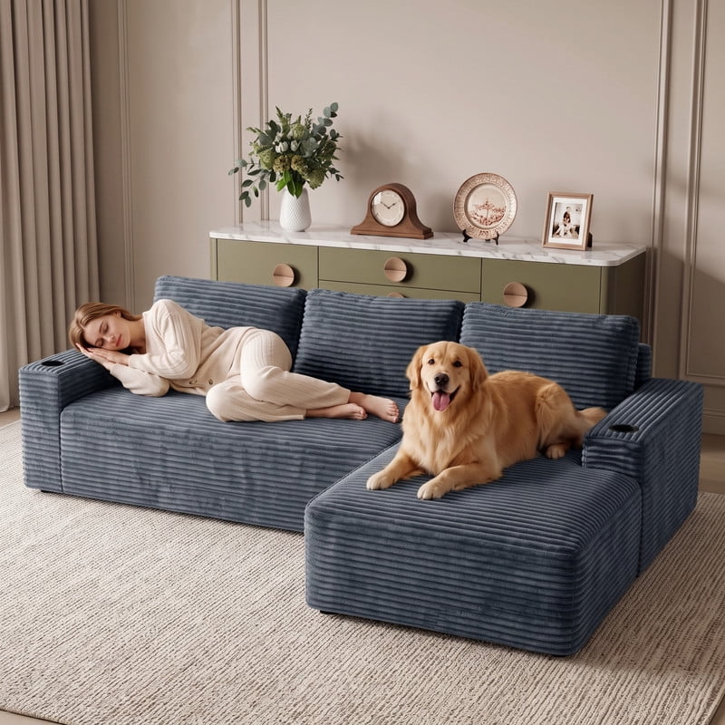 Anpport 104" Boneless Cloud Modular Sectional Couch, Corduroy Sofa with Cup Holders, Side Pockets, Deep Seat, No Assembly Required for Living Room, Gray (R‑Shaped, Right Facing Chaise)