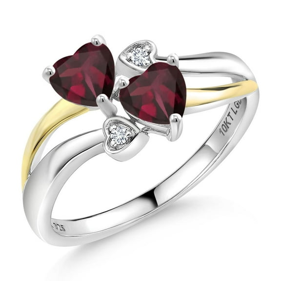 Gem Stone King 925 Silver and 10K Yellow Gold Red Rhodolite Garnet and White Lab Grown Diamond Ring for Women (1.12 Cttw, January Birthstone, Heart Shape 5MM, Size 5)