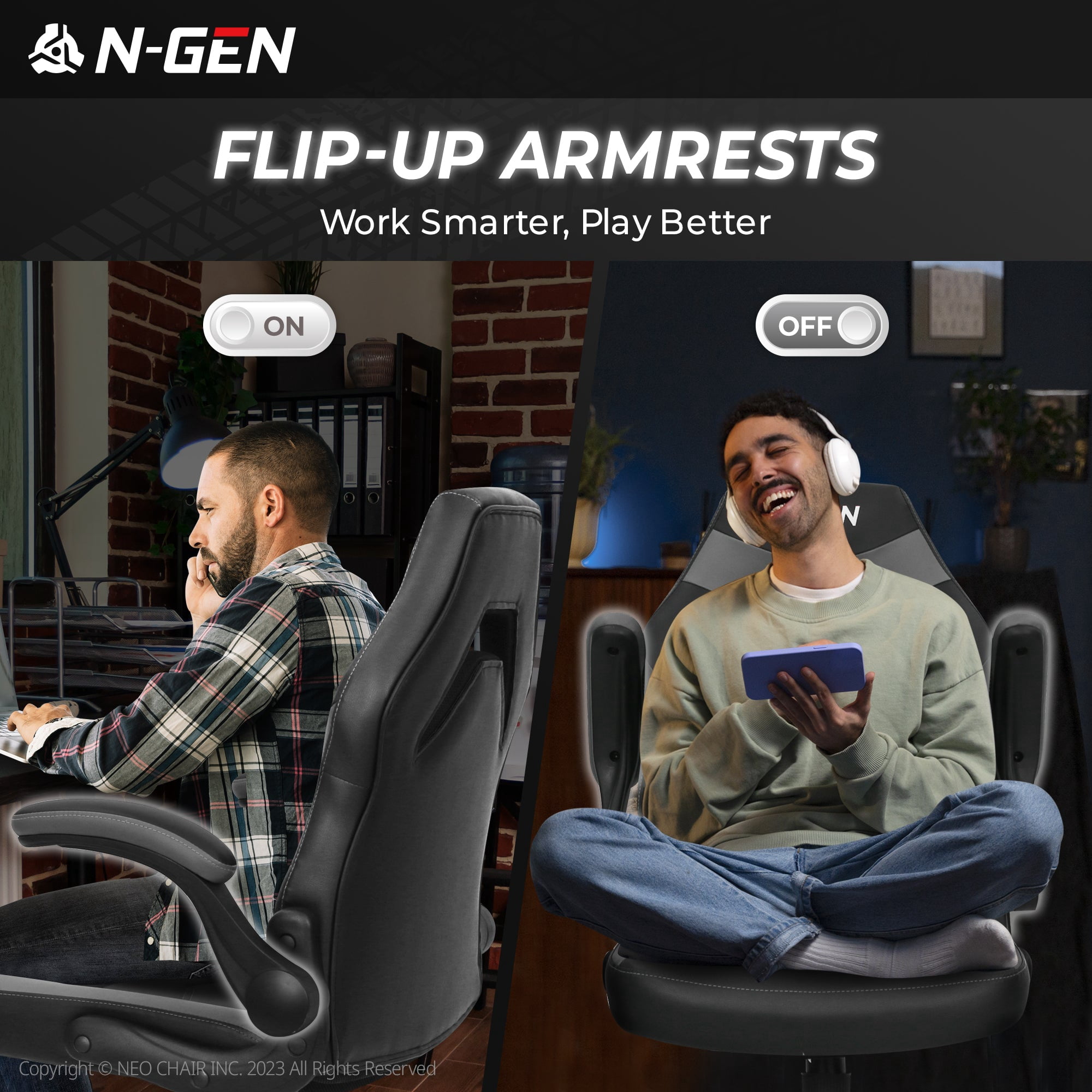 N-GEN Video Gaming Chair Ergonomic Computer Desk Office Chair with Lumbar Support Adjustable Height Swivel Wheels Flip-Up Arms PU Leather Home and Office (Grey)