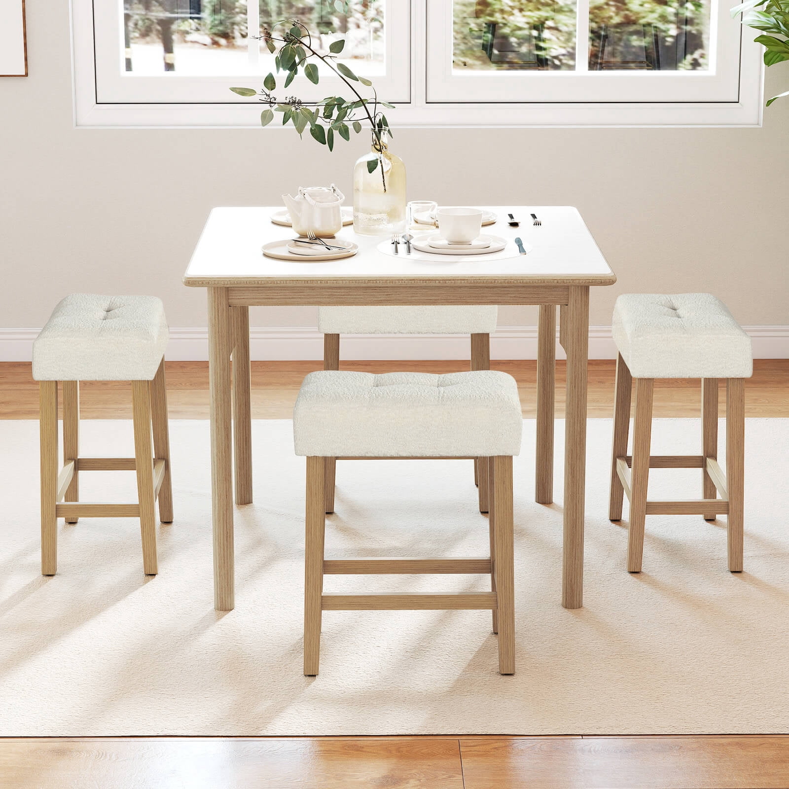 Costway Counter Height Bar Stools Set of 2 with Rubber Wood Legs Footrest Modern for Home Beige
