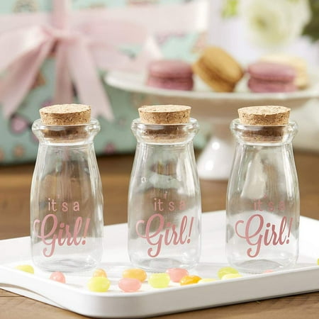12PCS Vintage Milk Bottle Shaped Corked Glass Bottles, DIY Baby Shower Party Favor, Centerpiece Bud Vase, 4” x 2” - It's a Girl!