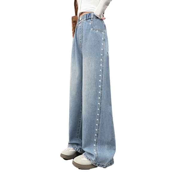 Girls' Jeans Denim Elastic Wasit Wide Leg Baggy Loose Soft Kids Clothes Size 9-10 Years