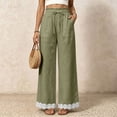 thumbnail image 2 of Women Straight Leg Pants with Lace Hem Trim, Elastic Drawstring Waist Casual Long Trousers with Pockets, Solid Loose Daily Pants for Vacation Army Green XL(XL), 2 of 7