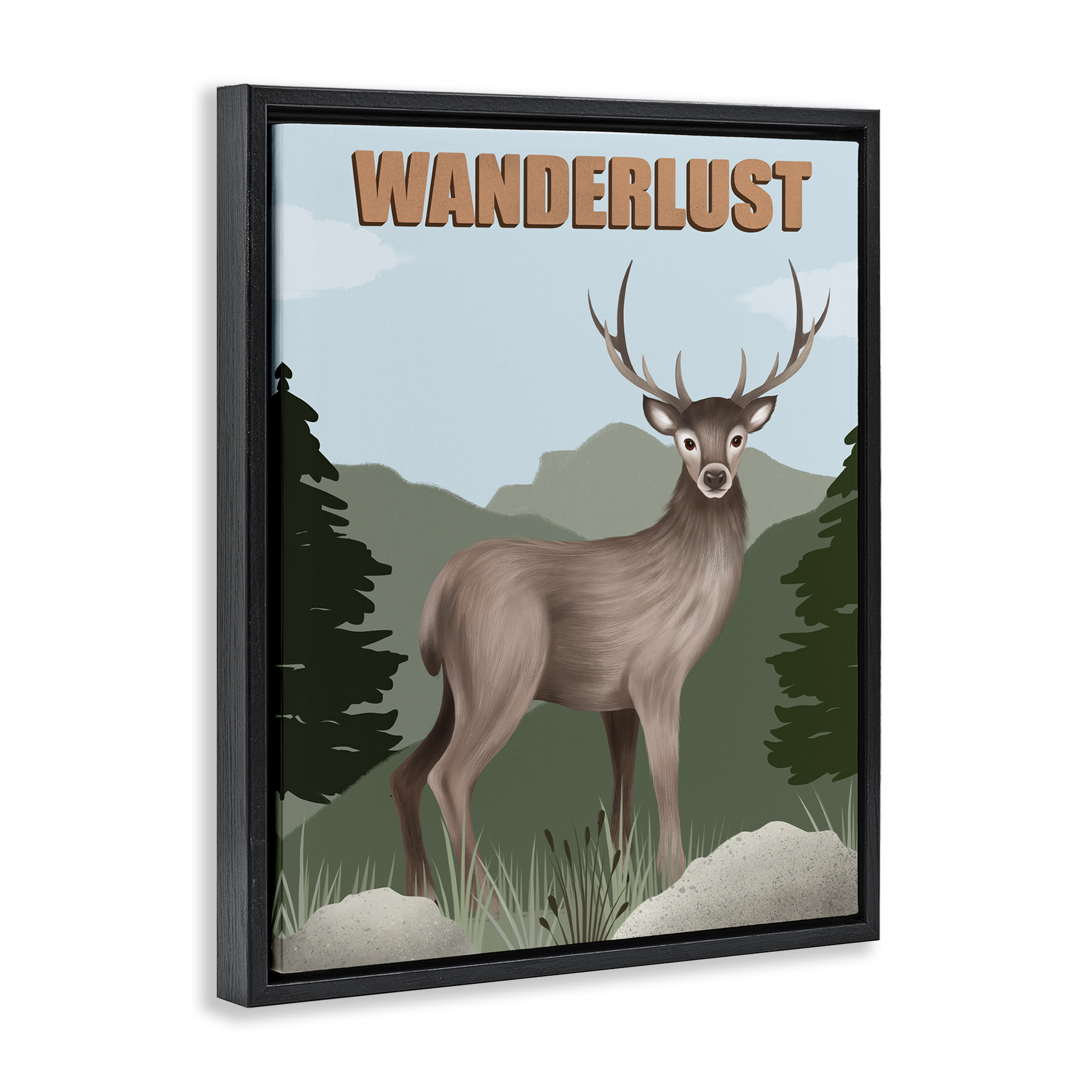 Stupell Industries Wanderlust Nature & Deer Animals Painting Black Floater Framed Canvas Art Print Wall Art, 25 x 31