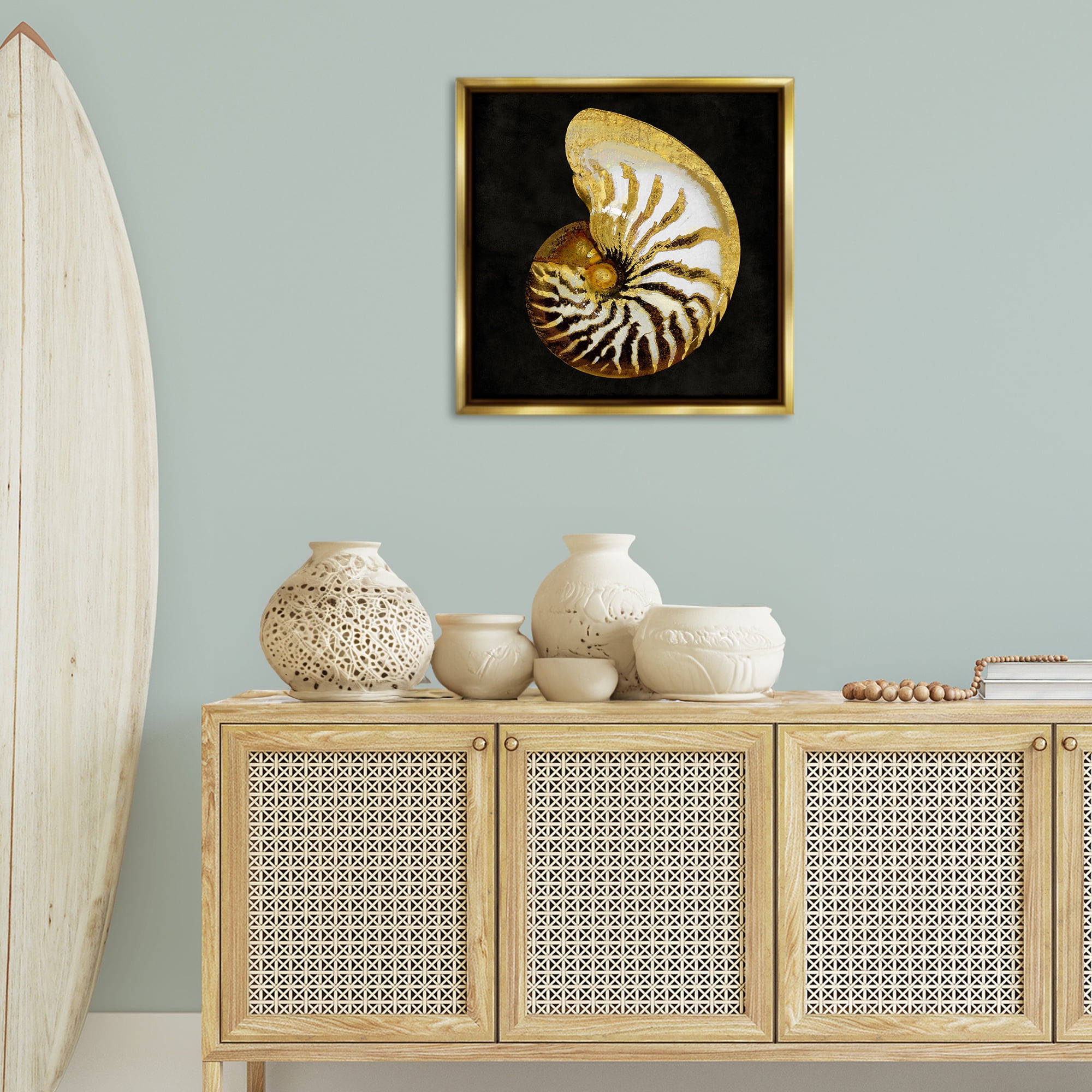 Stupell Industries Spiral Patterned Shell Nautical & Beach Painting Gold Floater Framed Canvas Art Print Wall Art, 25 x 25