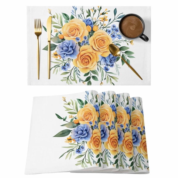 Watercolor Placemats Set of 4, Blue Yellow Roses Flowers Non-Slip Place Mats Washable Table Mats for Kitchen Dining Table Decorations Indoor/Outdoor