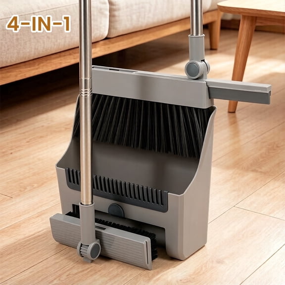 Jiasling 4-In-1 Broom and Dustpan Set with Floor Brush and Squeegee Broom, Long Handle, Upright Standing Design Gray