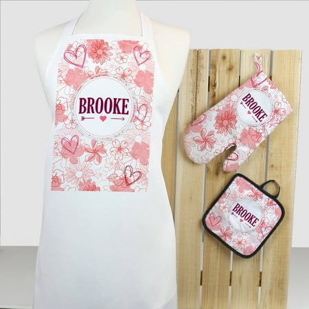 - Personalized Floral 3-Piece Apron, Potholder and Oven Mitt Set