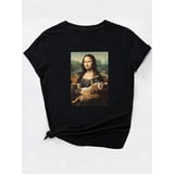 Chic Mona Lisa & Kitten Print T-Shirt for Women - Casual Round Neck ...