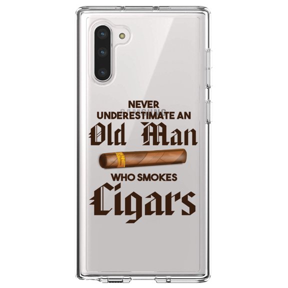 DistinctInk Clear Shockproof Hybrid Case for Samsung Galaxy Note 10 (6.3" Screen) - TPU Bumper Acrylic Back Tempered Glass Screen Protector - Never Underestimate Old Man Who Smokes Cigars