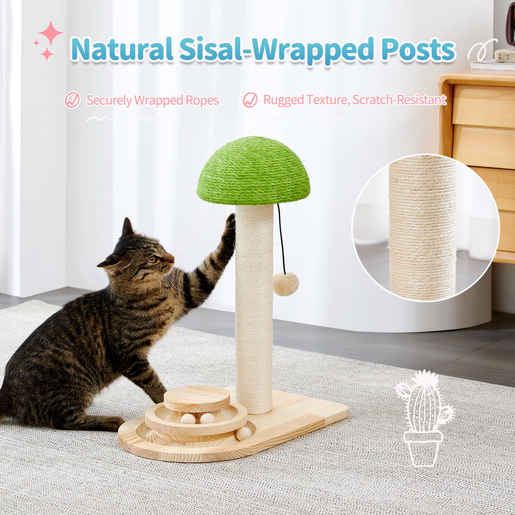 Made4Pets Cat Scratching Post Wood Scratch with Interactive Track Ball Toy, Sisal Ropes and Dangling Cat Toy 20", Green