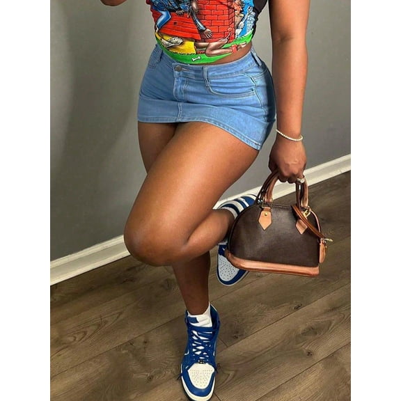 Women's Plus Size Denim Miniskirt High Waisted Stretchy Skinny Butt Lifting Jean Skirt With Pockets