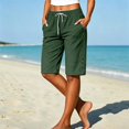 thumbnail image 2 of Women's Linen Blend Knee Length Shorts Elastic Waist Loose Casual Walking Shorts with Pockets Side Button Detail Summer by Yigetop Blackish Green L, 2 of 3