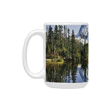 

Lake House Decor Fall Colored Trees And Snowy Mountain Landscape With Crystal Lake Nature Photo Gree Ceramic Mug (15 OZ) (Made In USA)