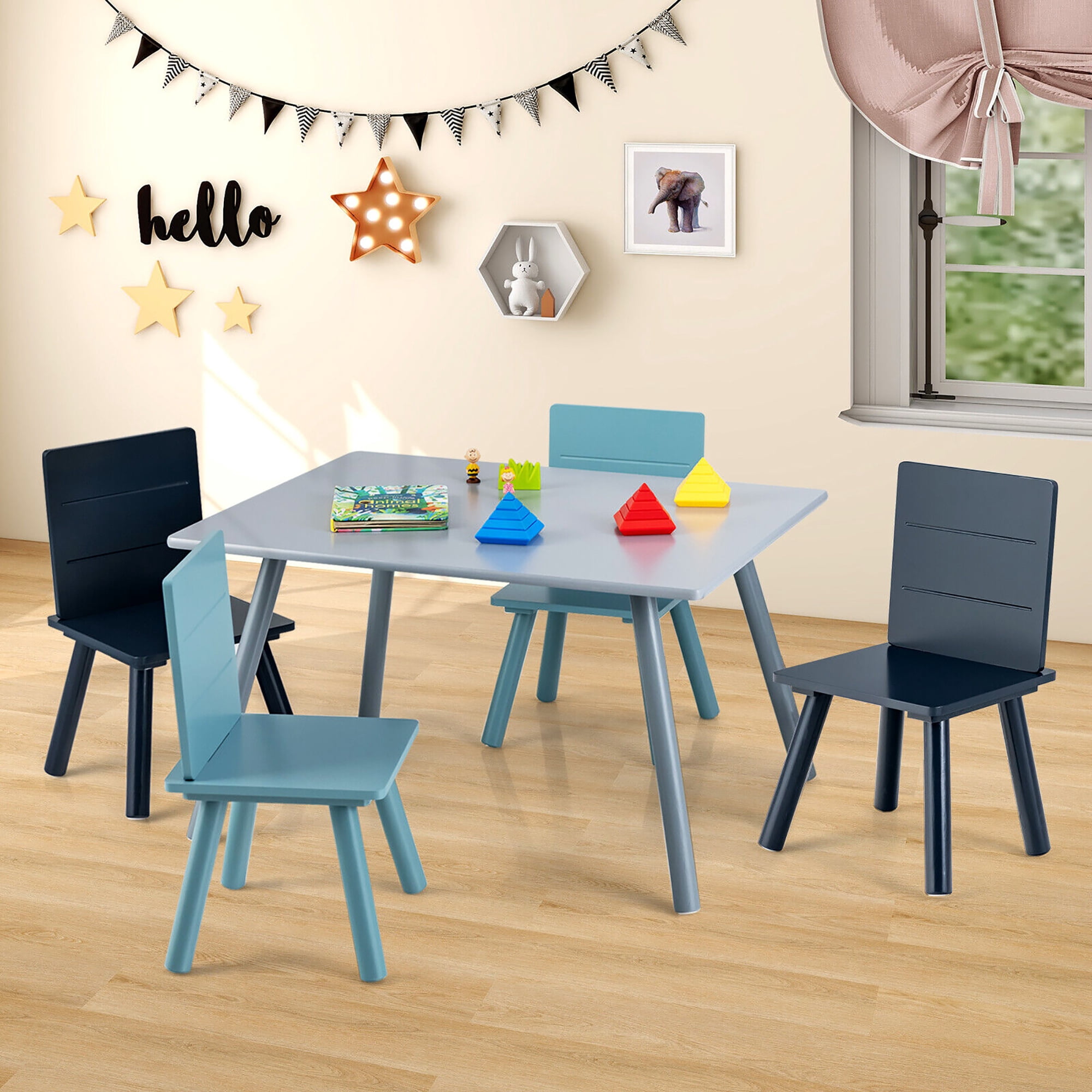Gymax 5 Piece Kids Wooden Activity Table and 4 Chairs Play Set Gift w/ Building Blocks