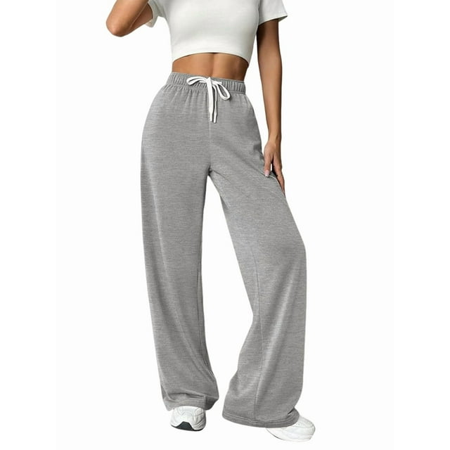 Pantalones Deportivos Holgados de Cintura Alta con Cordón Ajustable para Mujer, Pantalones Deportivos de Pierna y Bolsillos Gris XL