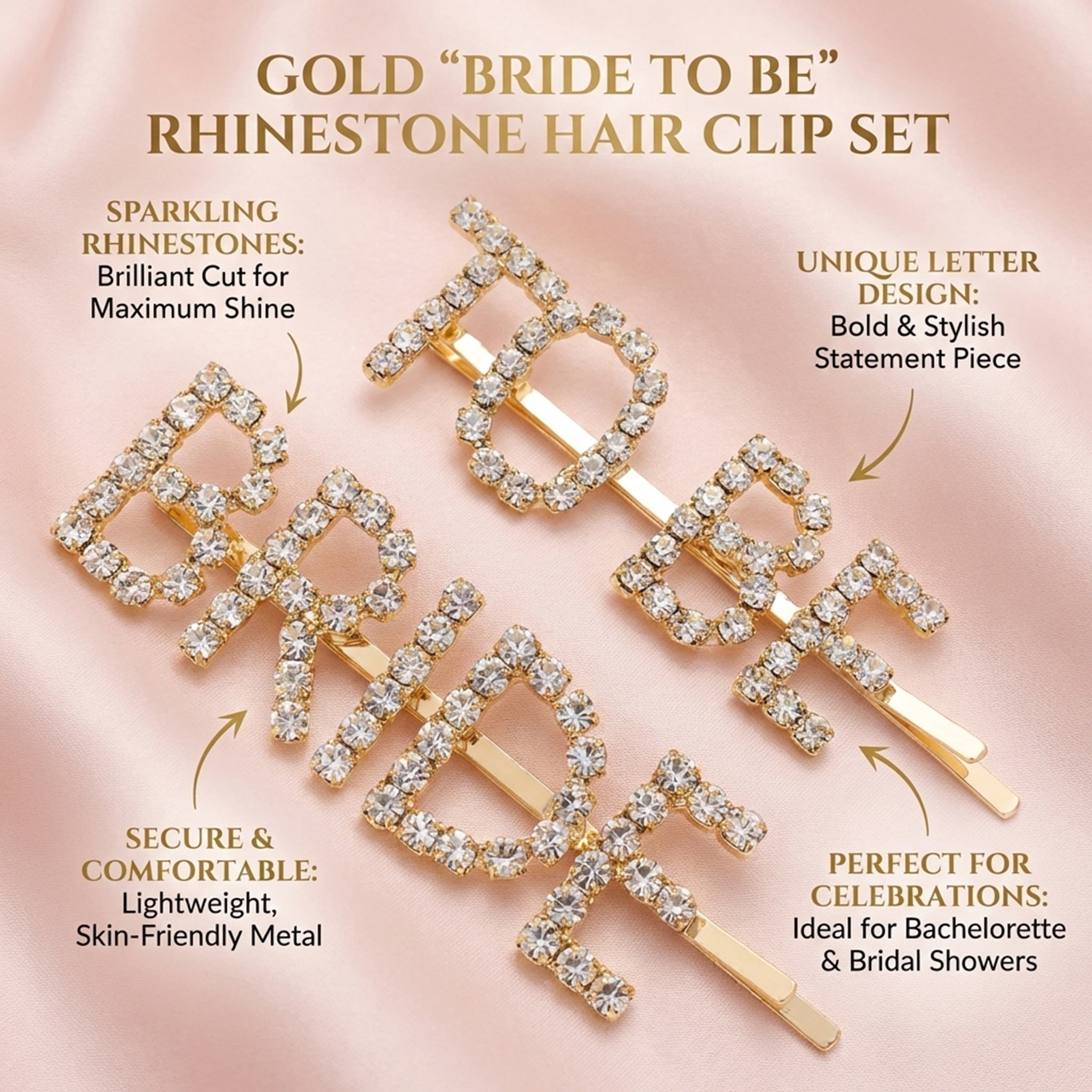 Miallo Gold Rhinestone Bride Hair Clips, 2Pcs Luxury Crystal Word Bobby Pins, Wedding Hair Accessories for Reception & Honeymoon