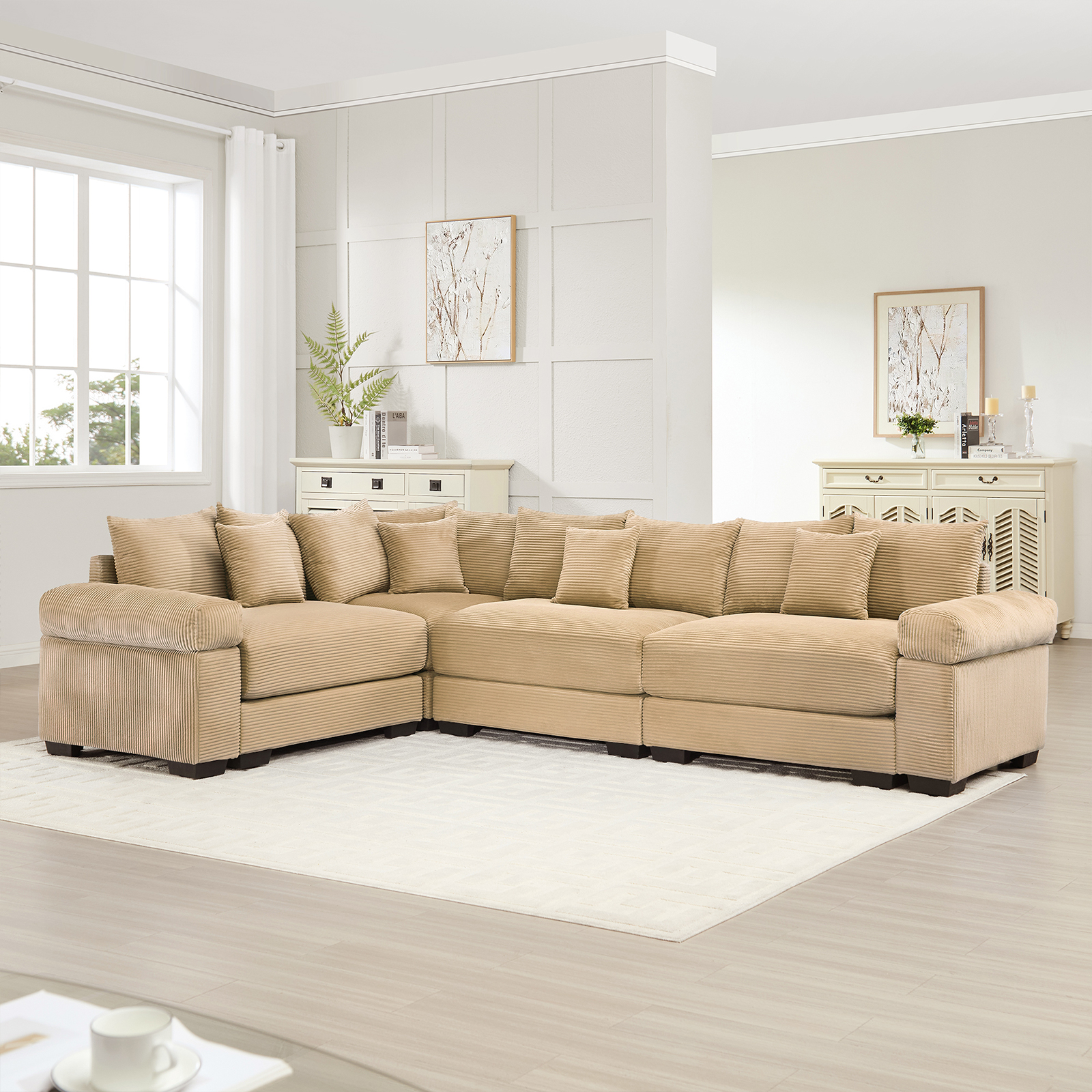 117" Modern Corduroy Sectional Couches for Living Room, Comfortable Corner Couch Sofa, Camel 3 Seater Corner Couch for Flexible Layout, Muebles para la Sala, Oversized Sofa Set
