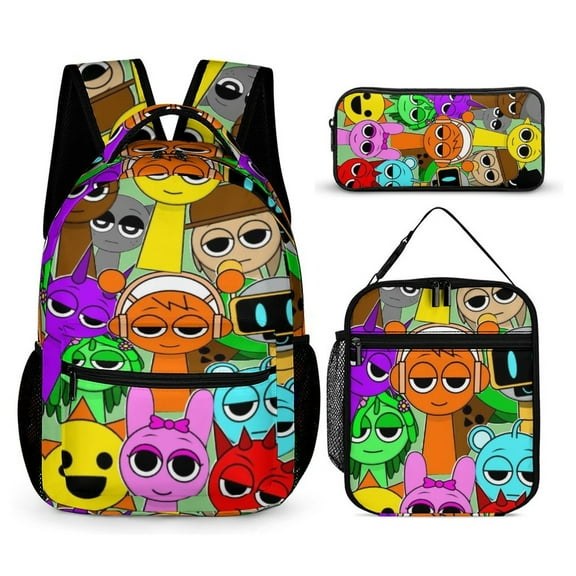 3-PieceSprunki Large Capacity Anime Backpack with Lunch Bag & Pen Case | Casual Schoolbag for Travel, Outdoor, Fashion Daypack