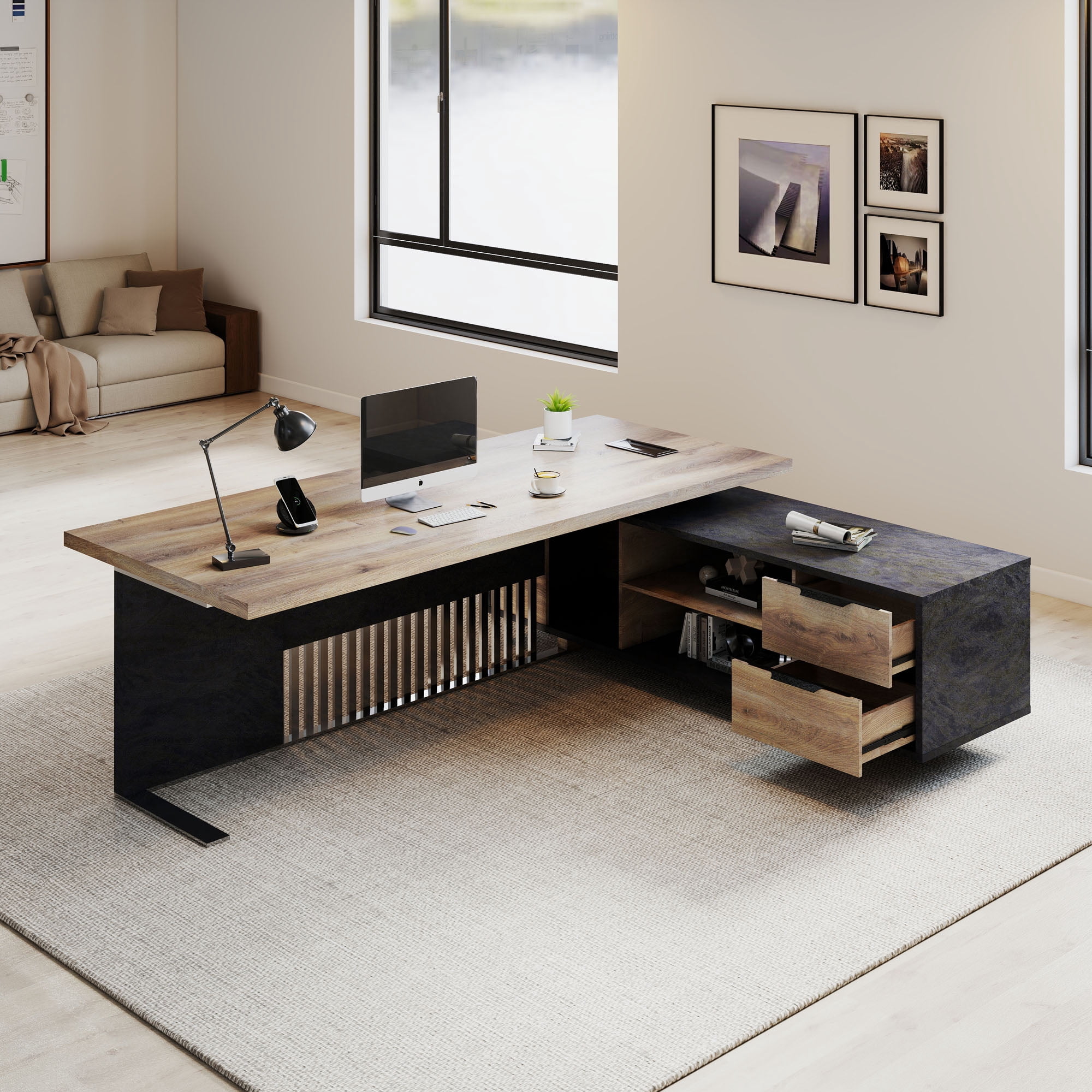 Wesome 70.87 inch L Shaped Executive Desk with  Cable Management Drawers File Cabinet
