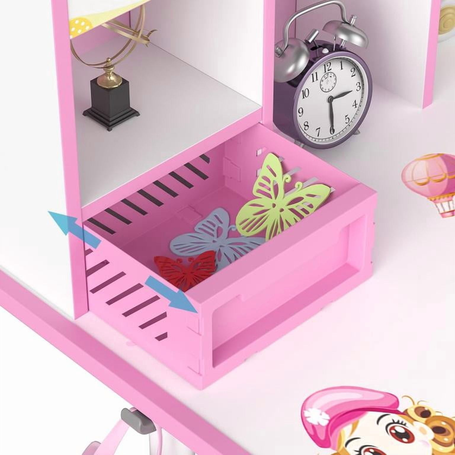 YNCE 【US Shipped】 Kids Functional Desk and Chair Set, Ergonomic Height Adjustable Children School Study Desk with Book Stand, Storage Drawer and Metal Hook for Boys Girls