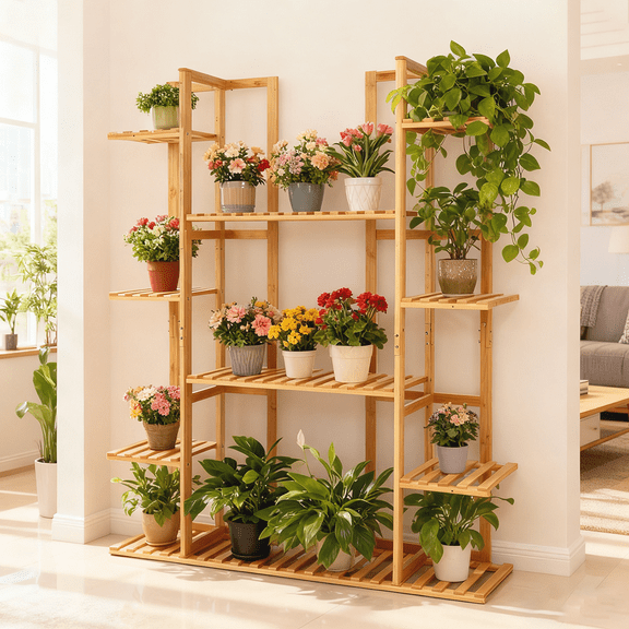 Wisfor 9 Tier Bamboo Plant Stand Heavy Duty Garden Flower Shelf for Indoor Outdoor,35x7.7x48 inch