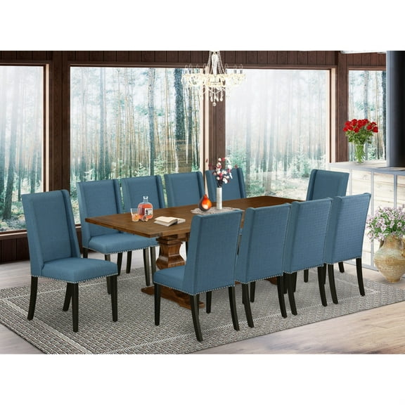 East West Furniture 11-Pieces Dining Set - A Butterfly Leaf Double Pedestal Modern Dining Table and 10 Blue Linen Fabric Dining Chairs with Stylish Chair Back- Antique Walnut Finish