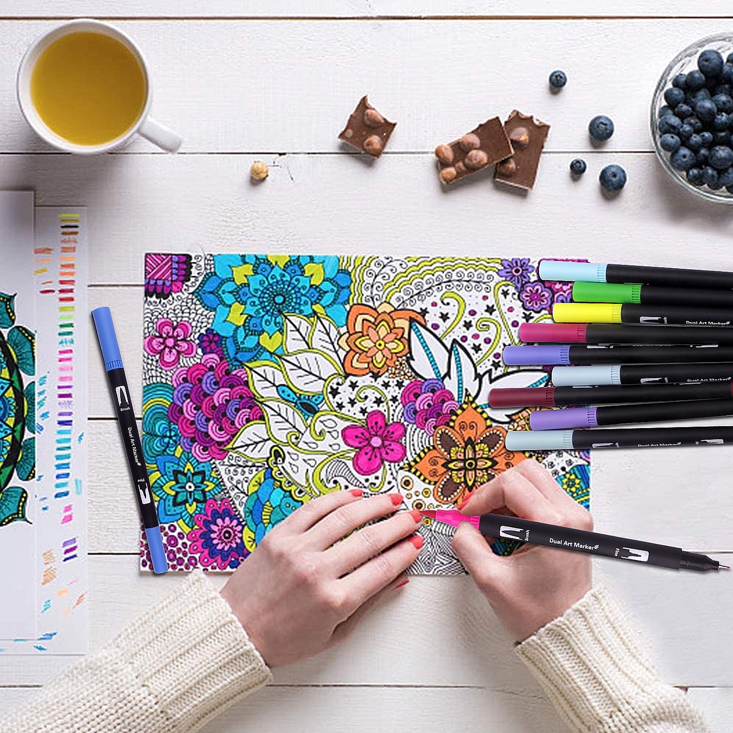 Halobios Coloring Pens, 120 Fineliner Felt Tip Pens Art Markers for Adults Kids Artist Beginner, Dual Tip Brush Marker Pens for Drawing Sketching Adult Coloring Books Bullet Journal Calligraph