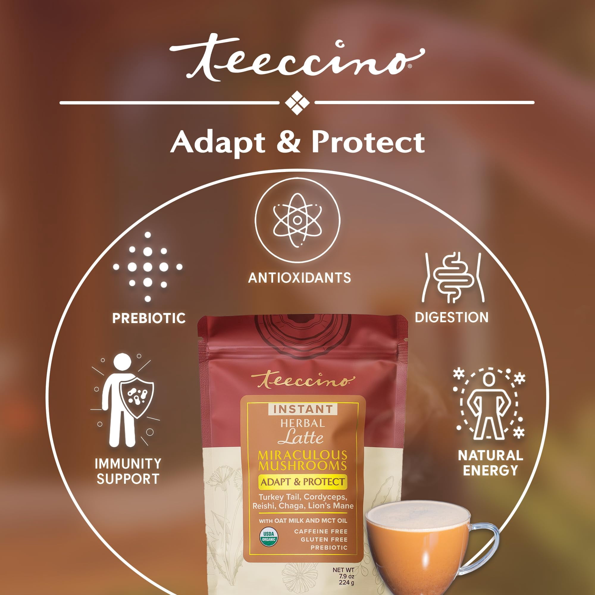 Miraculous Mushrooms Instant Adapt & Protect Herbal Latte By Teeccino – 16 servings -  Creamy Oat & Coconut Latte with Microground Herbs – 7.9Oz