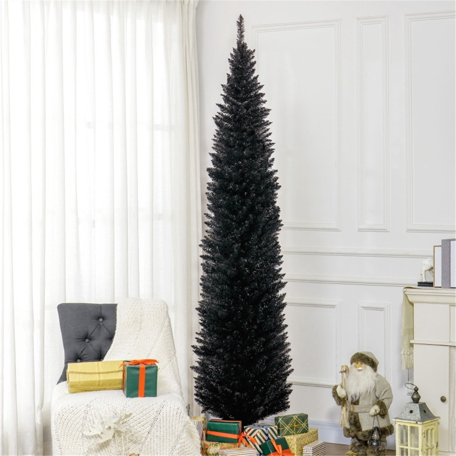 Astoutdoor 8 ft Black Artificial Christmas Tree with 618 Tips, Slim Pencil Style, Plastic Base