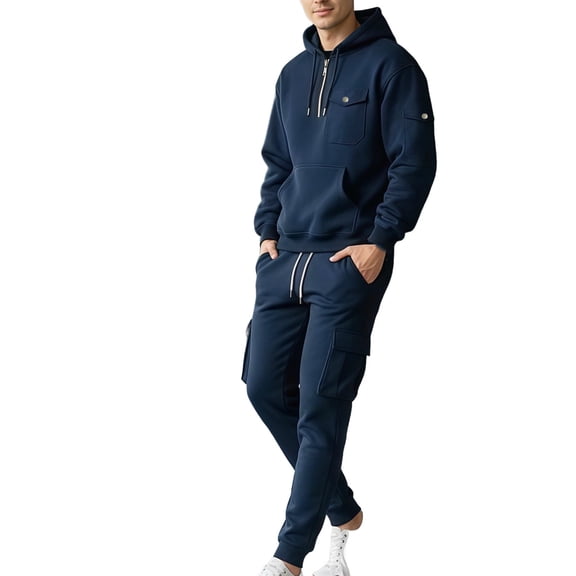 Yusimy Men's Solid Color 2-Piece Hoodie Cargo Set Long Sleeve Elastic Waist Drawstring Pocket Casual Sports