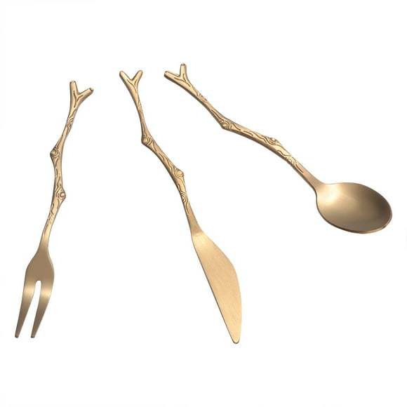 1 Bag 3pcs Stainless Steel Vintage Branches Style Fork Spoon Cutter Flatware Fruit Fork for Home Restaurant (Titanium Gold)
