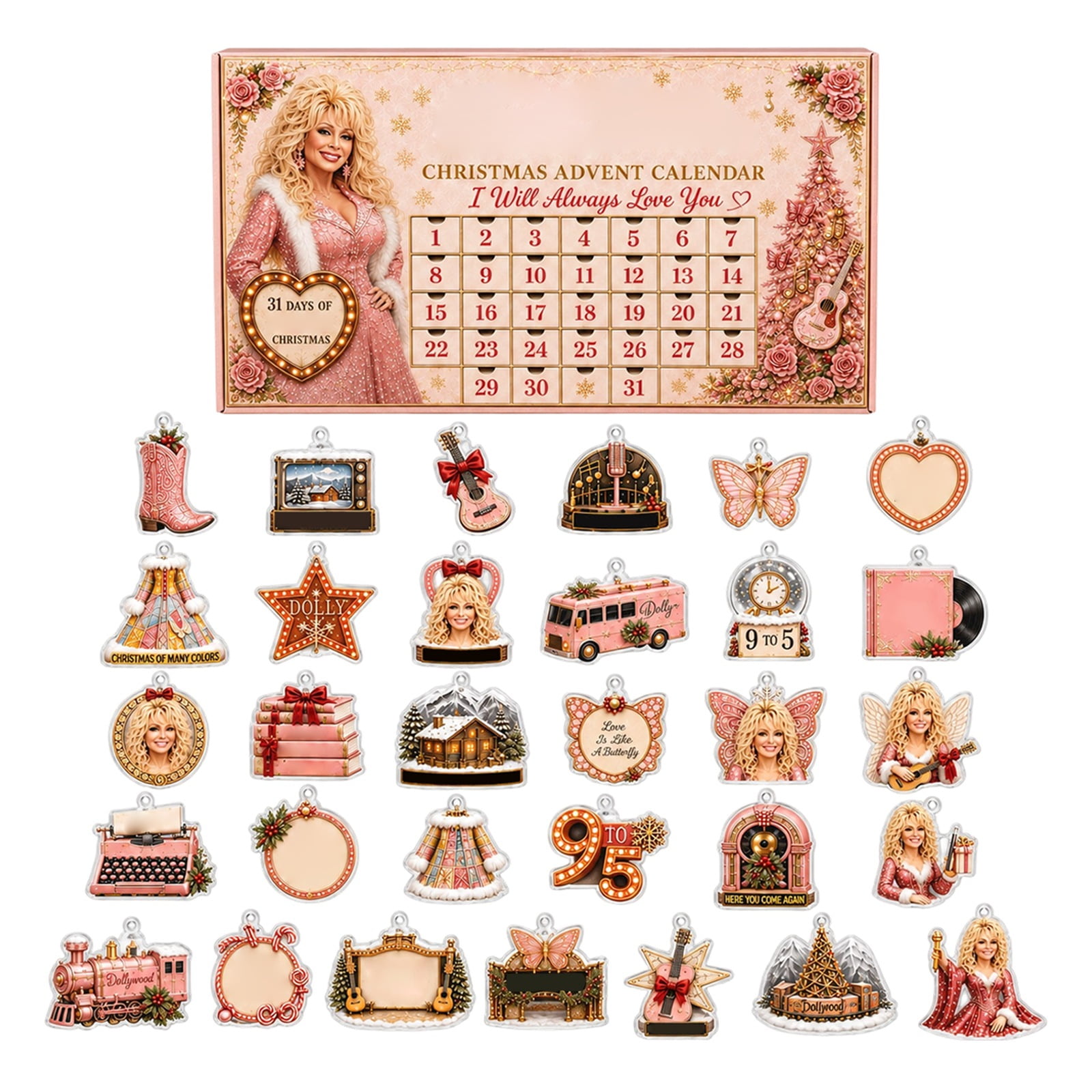 2026 Dolly Themed Christmas Advent Calendar, 31 Pcs 2D Flat Acrylic Hanging Ornament Blind Box, Country Music Fan Collectible Countdown Gift Box