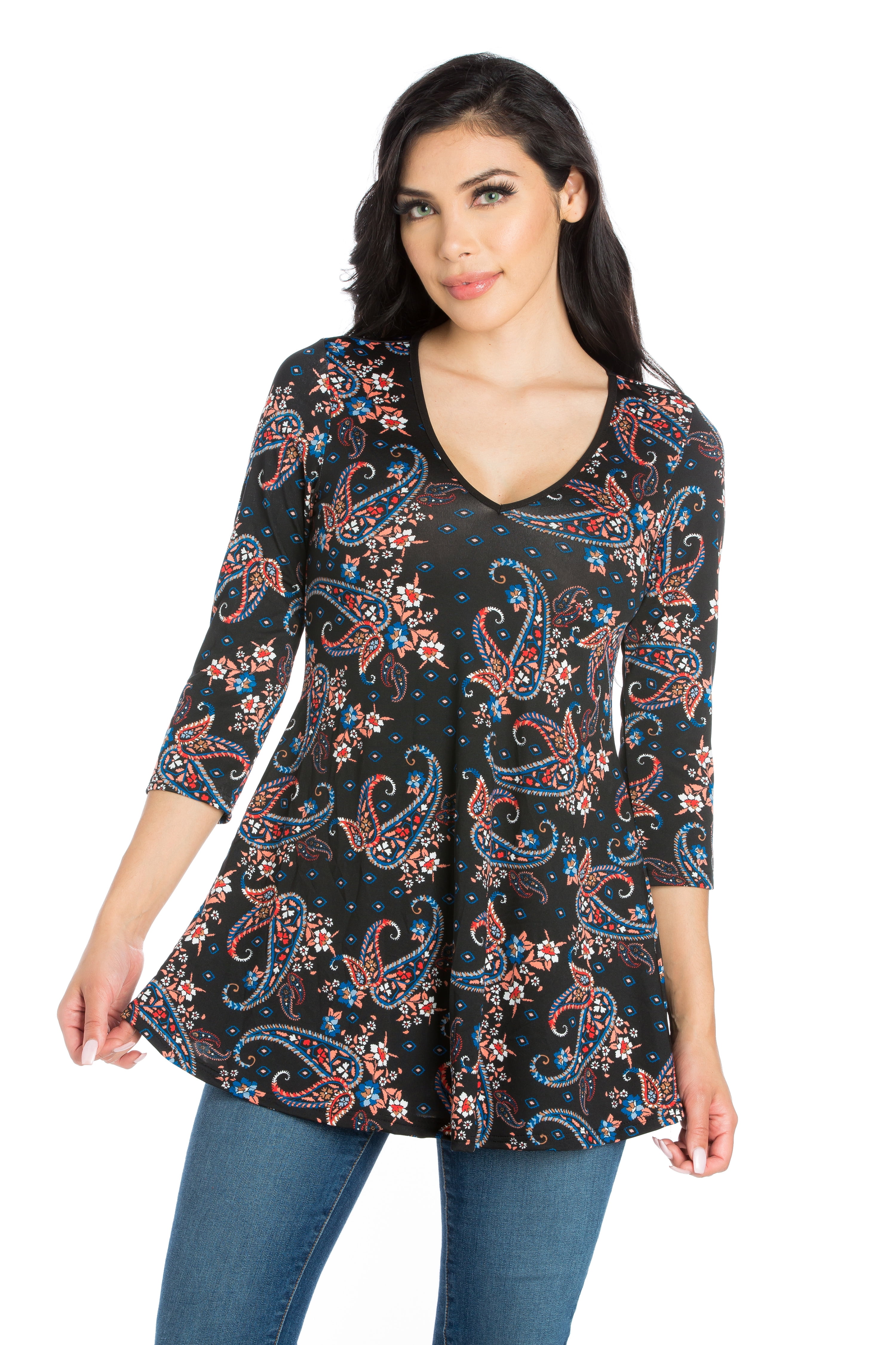 24/7 Comfort Apparel Women's Paisley ¾ Sleeve Tunic Top