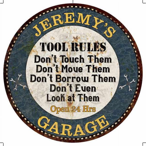 JEREMY'S Garage Rules 14" Round Metal Sign Garage Wall Decor 100140015300