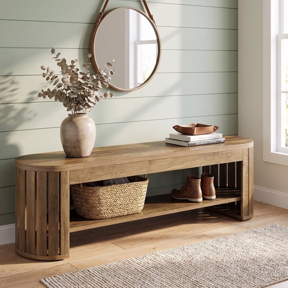 Fnova 63 Inch Farmhouse Entryway Shoe Bench, MDF Storage Bench with Vertical Slat Arc Legs for Bedroom Living Room Entrance