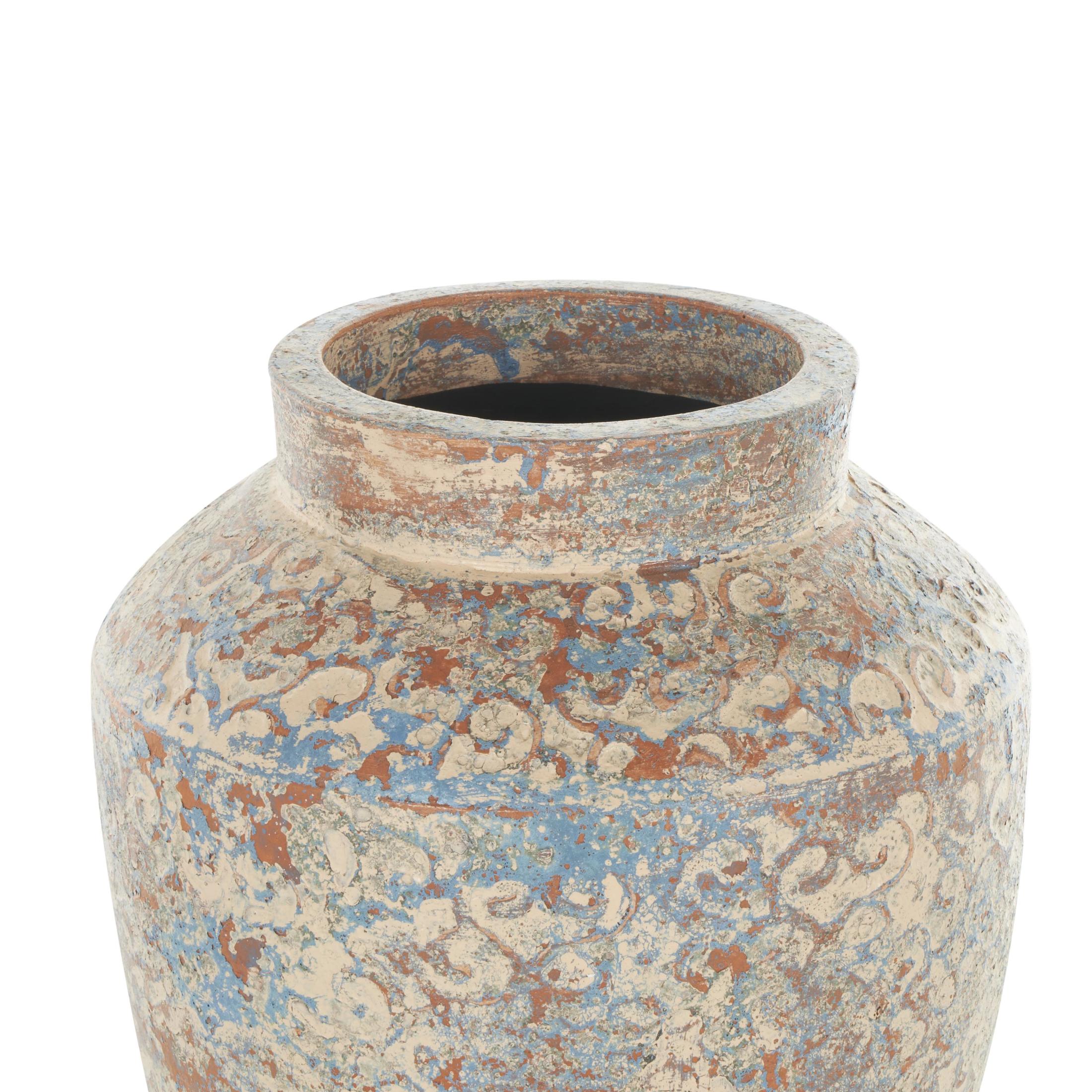 DecMode 16" Scroll Handmade Antique Style Beige Ceramic Vase with Blue and Copper Accents