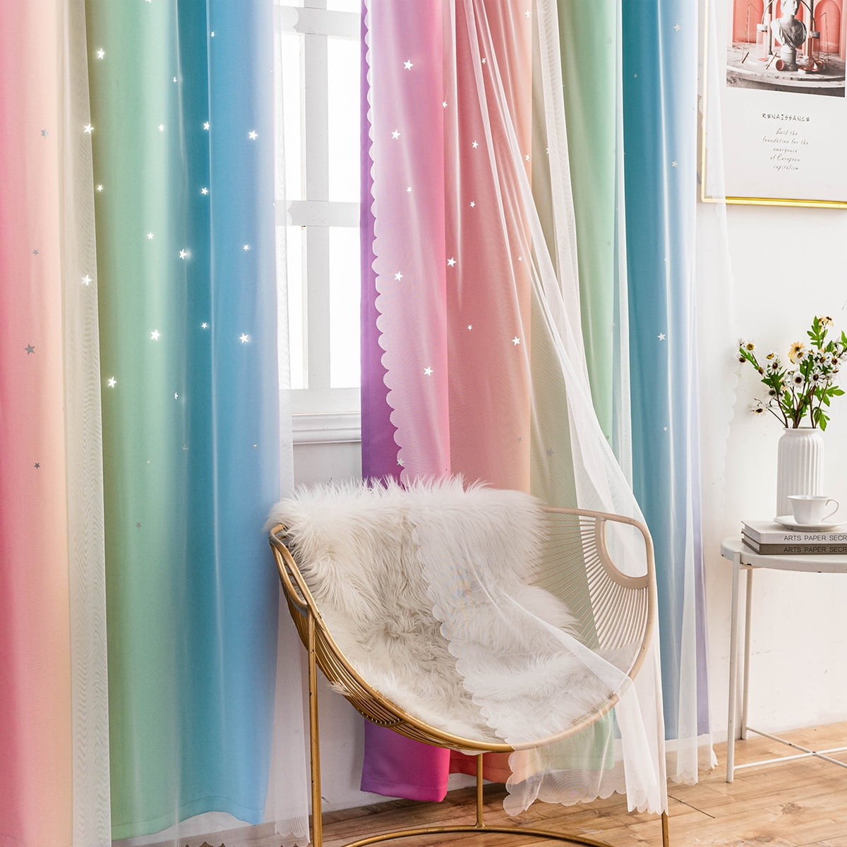 Anjee Blackout Curtains for Kids Girls Bedroom Curtain,Star Curtain Dual Layer Curtains with Sheer 2 Panel Set,52" x 63",Rainbow Color