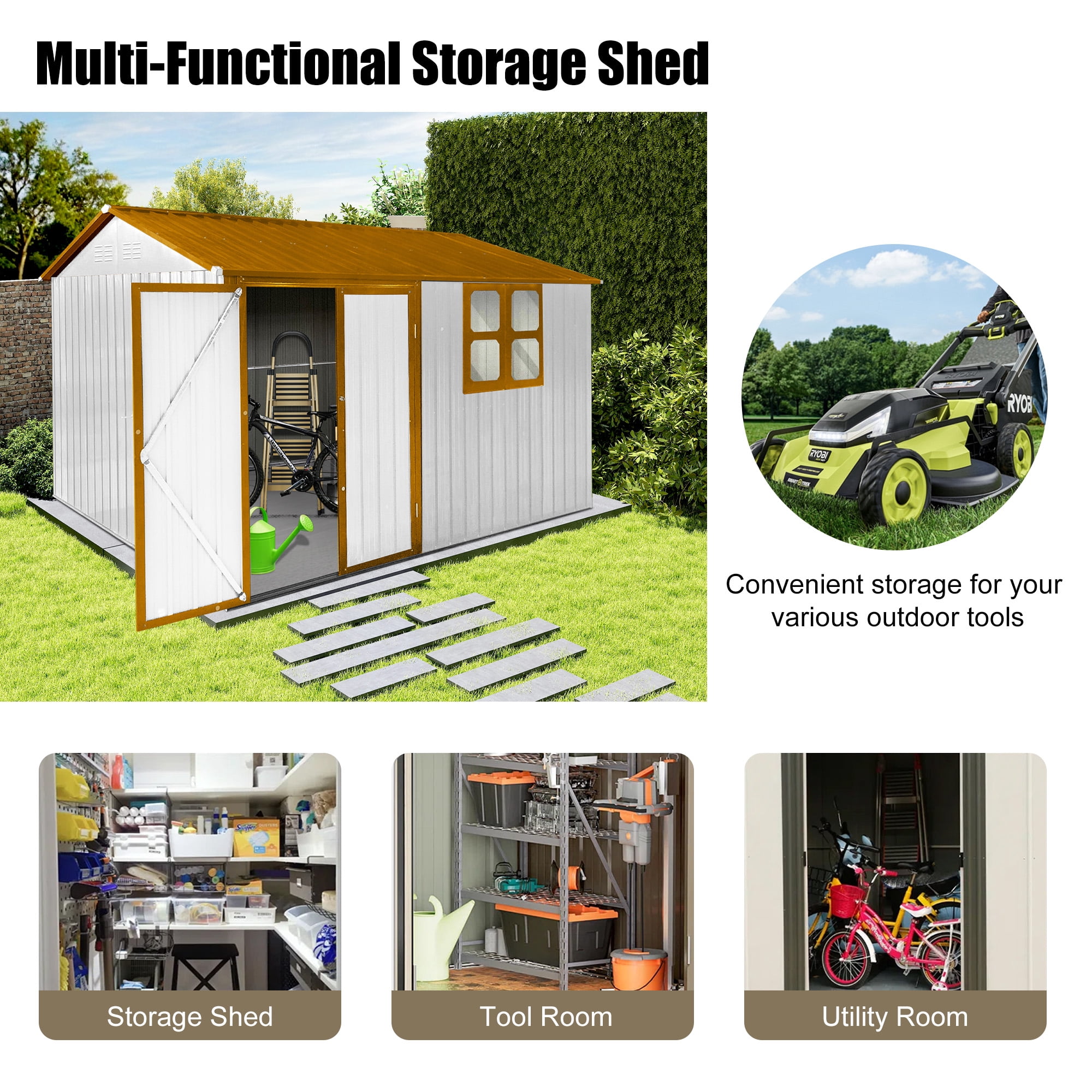 Aukfa 10FT x 8FT Outdoor Storage Shed, Metal Shed Storage with Window, Roof Slope Tool Shed with Door and Padlock for Backyards, Patio Lawns and Outdoor, Yellow