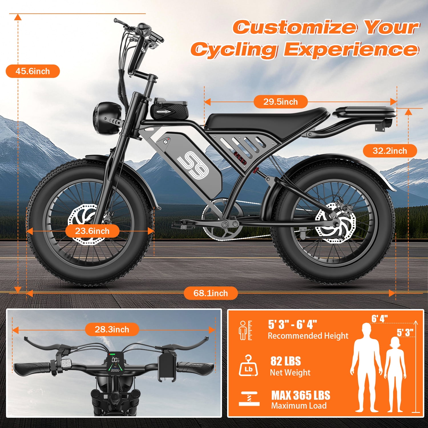 2200W Peak Electric Bike, 48V 20Ah &25MPH & 65Miles Range, 20''x4'' Fat Tire Mountain Ebike, Removable Battery, Rear Rack, Adult Electric Bicycle, UL2849