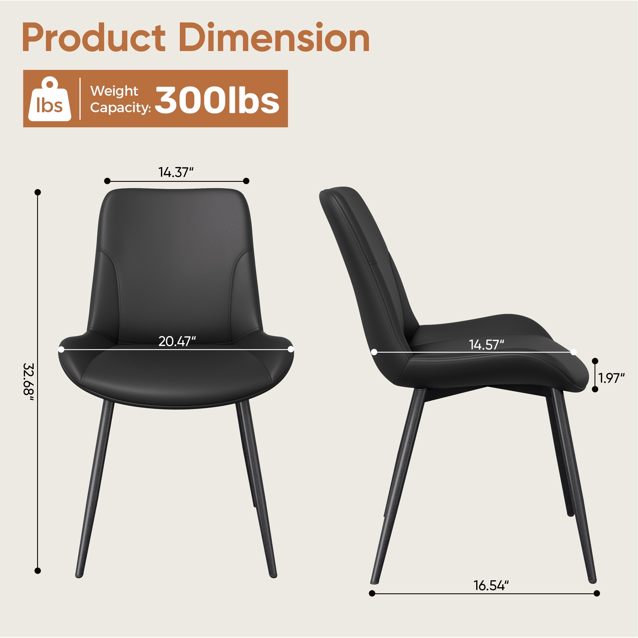 MOONMISS Dining Chair Set of 2,Upholstered with Ergonomic Backrest Metal Legs for Kitchen Office Reading,Black