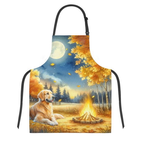 Hello Fall Golden Retriever Enjoys Warm Campfire Autumn Night Bright Moon Apron Goldens Dog Lover Gifts Idea for Cooking Grilling Baking Painting Gardening - 01008
