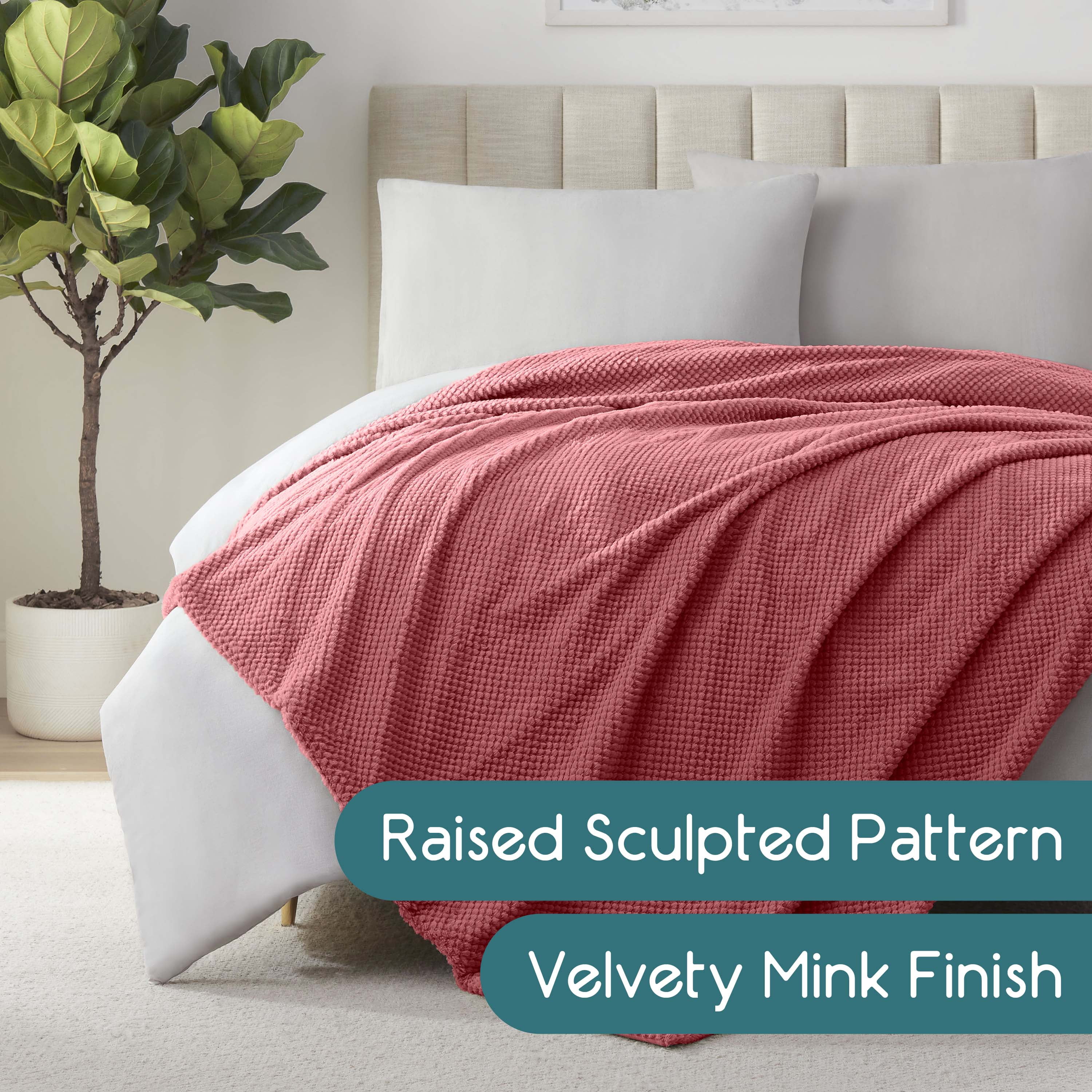 Vellux King Plush Texture Blanket | Ultra Soft Lightweight All-Season Throw | Deep Rose