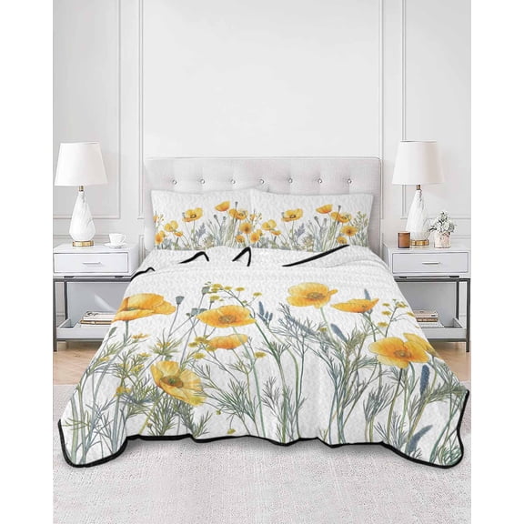 Quilts King Size, Yellow Spring Floral Soft Comforter Bedding Set for Bed, Watercolor Summer Botanical Lightweight Quilted Bedspread with Pillow Cover(2 Pieces) for All Season, 96x106 Inch