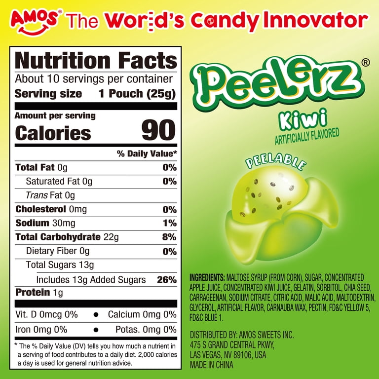 AMOS Peelable Gummy Candy, Kiwi Flavor, Made with Real Fruit Juice
