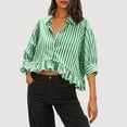 thumbnail image 2 of VKOYWKM Womens Summer Tops Dressy Casual Button Down Collar Striped Shirt 3/4 Sleeve Crop Top Ruffled Hem Loose Fit Oversized Trendy Blouses, 2 of 8