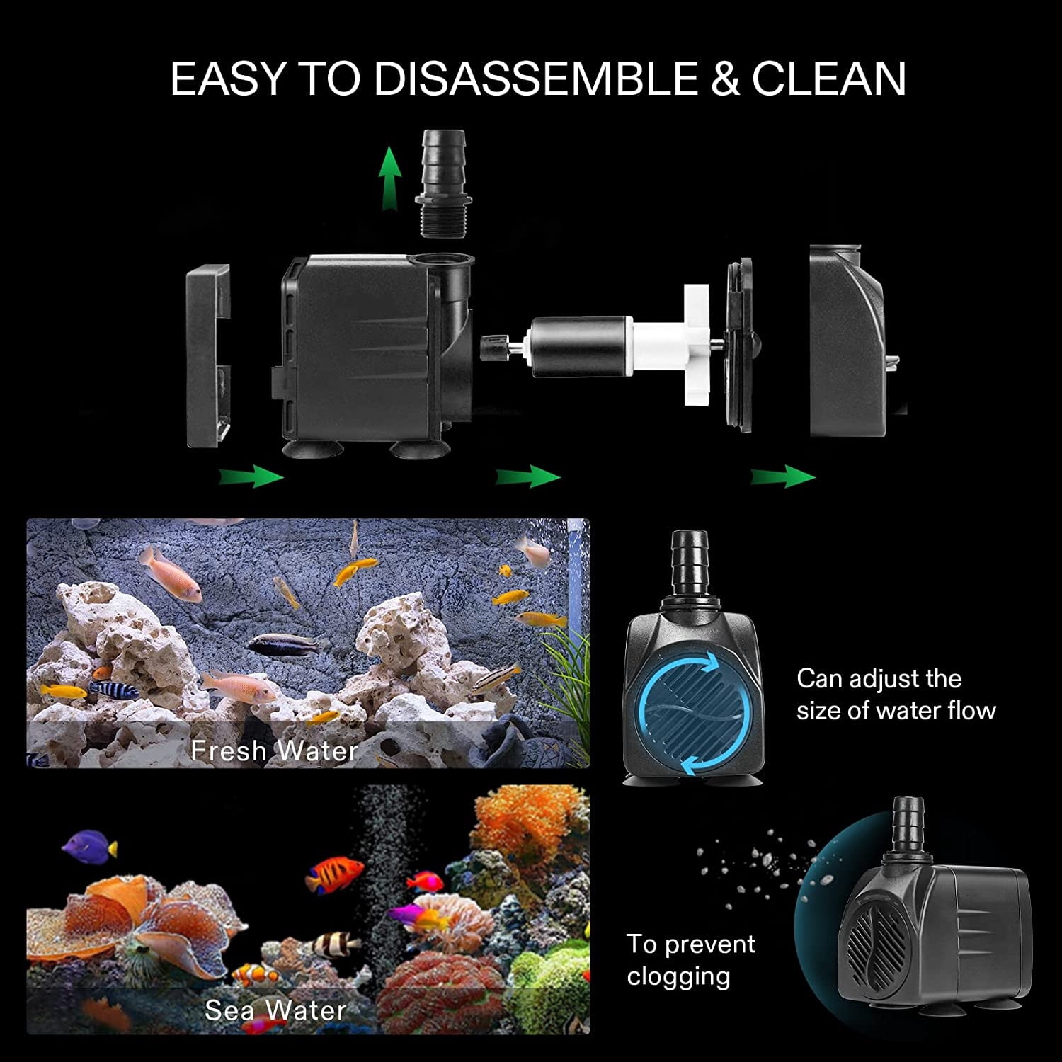 Submersible Pump 110V 2000L/H 20W, Max Lift 2M, with 3 Nozzles & 6 Suction Cups for Aquarium, Hydroponics, Water Feature