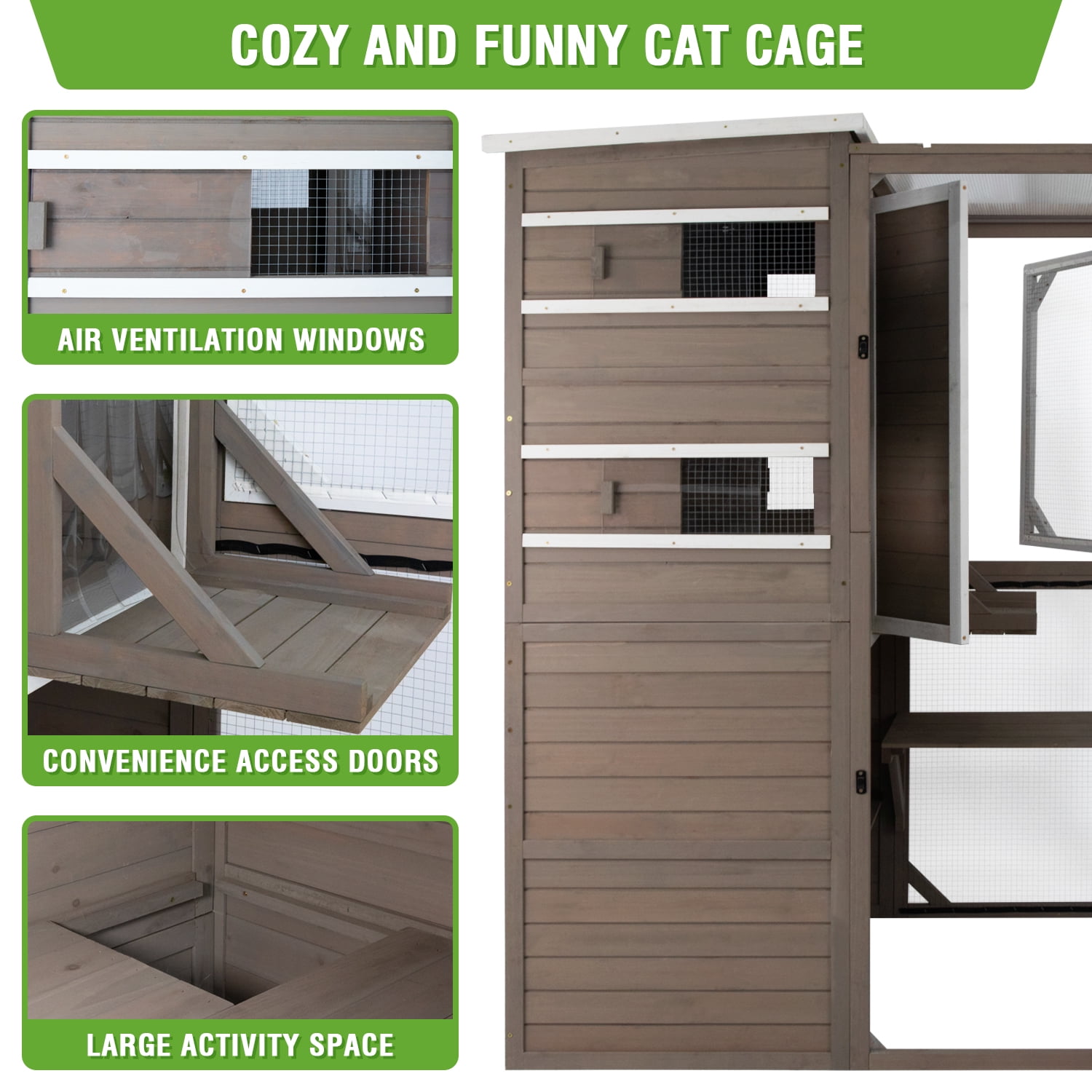 PETSCOSSET Catio Outdoor Cat Enclosures Wooden Cat House Weatherproof with Multi Platforms, Gray
