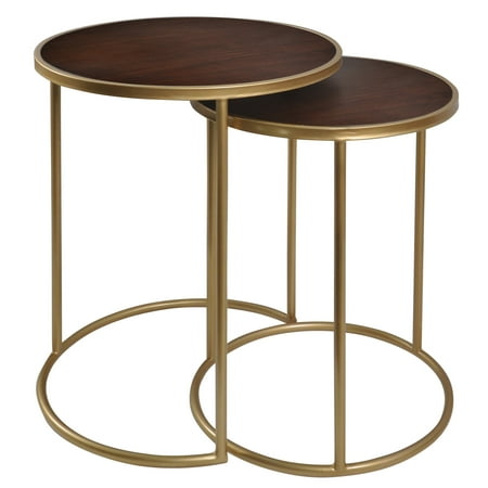 Gold Leaf Finish Set - Bryan Keith Mahogany Bay - Nesting Metal Tables - Gold Finish with Matte Wood Top - 2 Piece Set